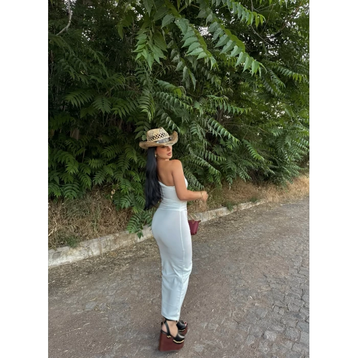 Beyaz Tek Omuz Büzgülü Maxi Elbise