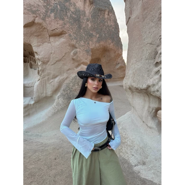 Beyaz Tek Omuz Tül Detay Crop
