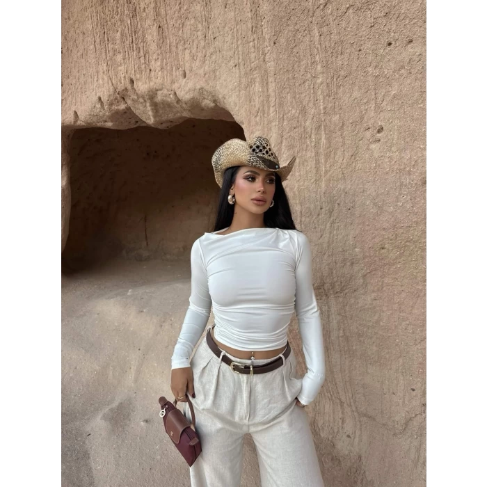 Beyaz Yaka Degaje Büzgülü Crop