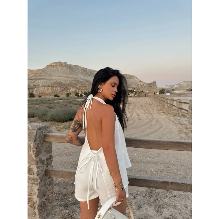 Beyaz Yelekli Sofia Keten Takım