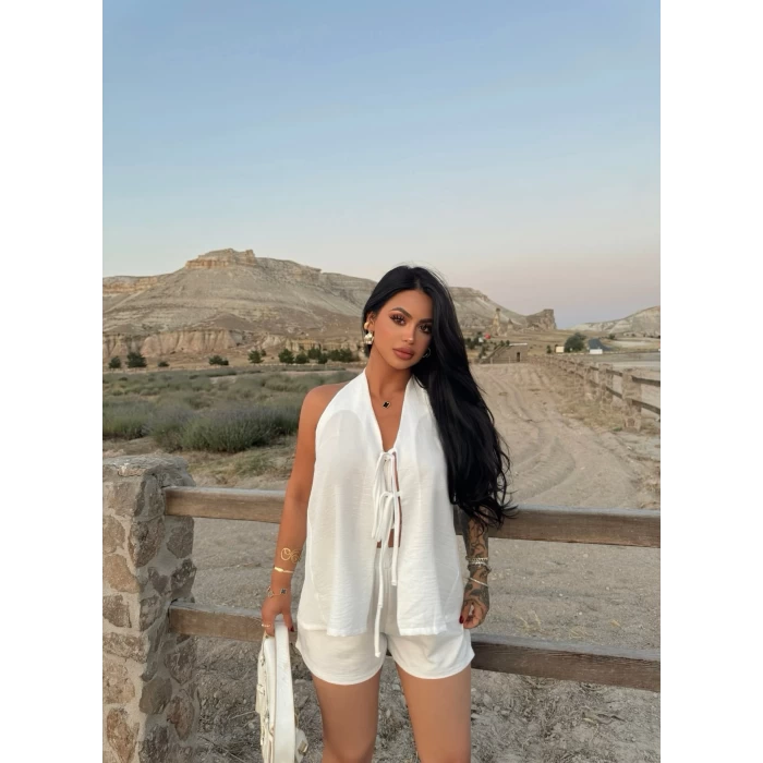 Beyaz Yelekli Sofia Keten Takım