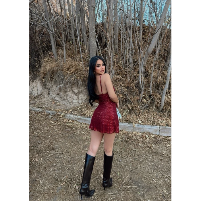 Bordo Askılı Mini Taşlı Elbise