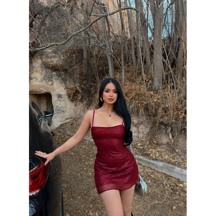 Bordo Askılı Mini Taşlı Elbise