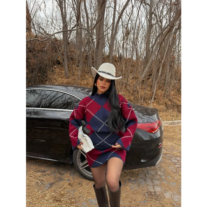 Bordo Baklava Desen Triko Takım