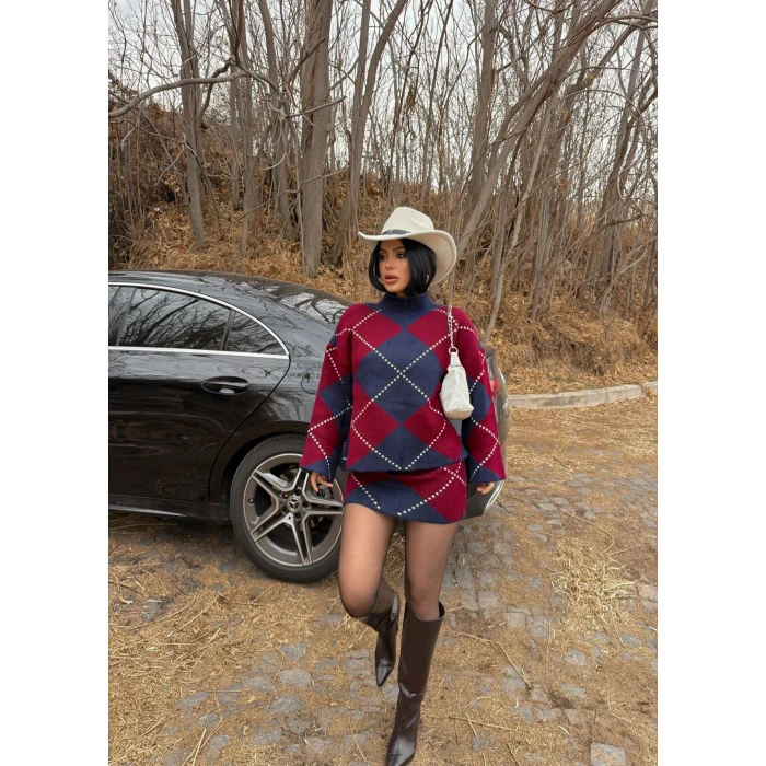 Bordo Baklava Desen Triko Takım