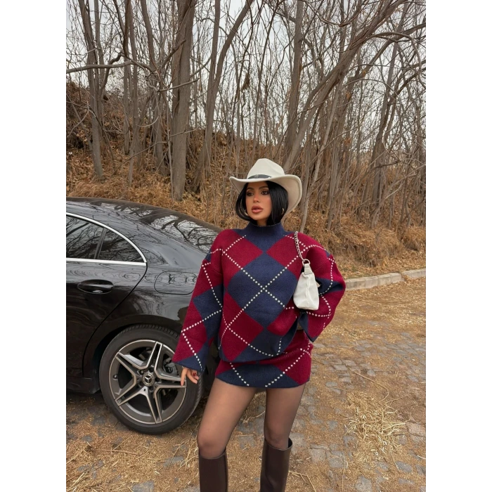 Bordo Baklava Desen Triko Takım