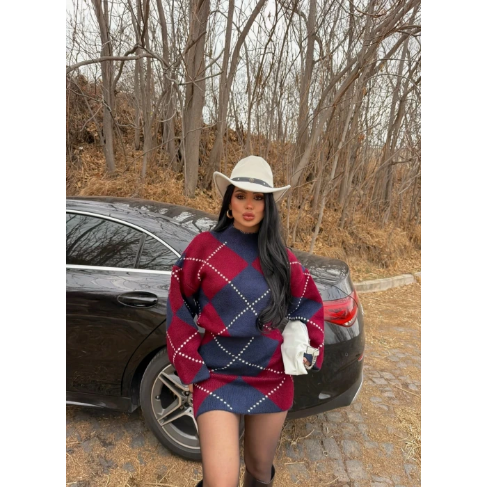 Bordo Baklava Desen Triko Takım