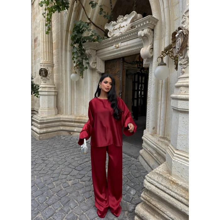 Bordo Basic Saten İkili Takım
