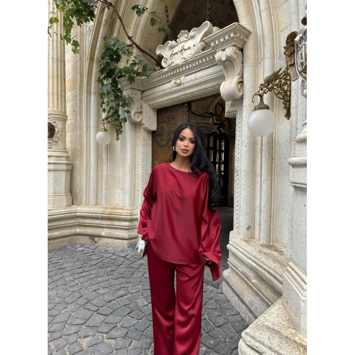 Bordo Basic Saten İkili Takım
