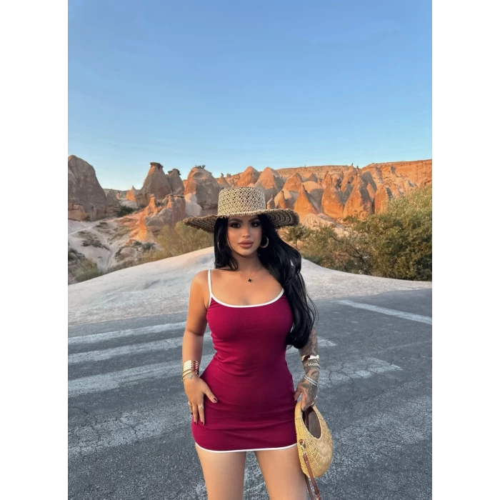 Bordo Biyeli Kaşkorse Elbise