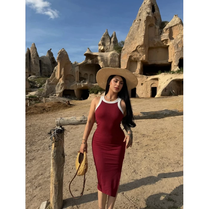 Bordo Biyeli Kaşkorse Elbise