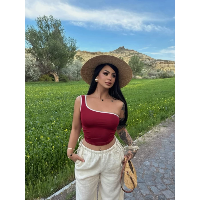 Bordo Biyeli Tek Omuz Dalgıç Crop