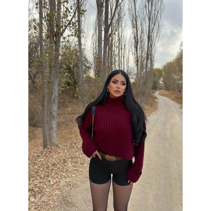 Bordo Boğazlı Fitilli Kazak