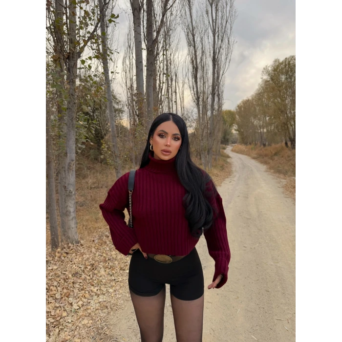 Bordo Boğazlı Fitilli Kazak