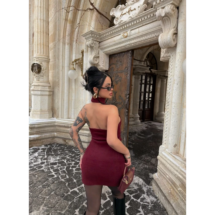 Bordo Boyundan Geçmeli Sakallı Elbise