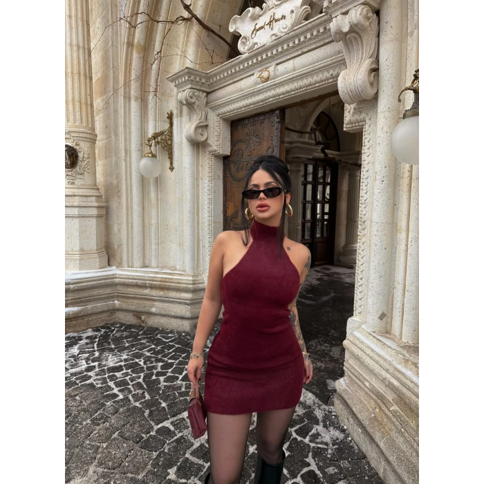 Bordo Boyundan Geçmeli Sakallı Elbise