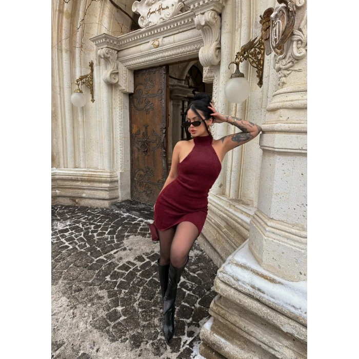 Bordo Boyundan Geçmeli Sakallı Elbise