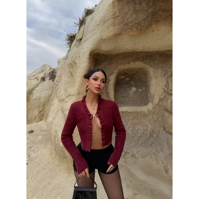 Bordo Broşlu Triko Hırka