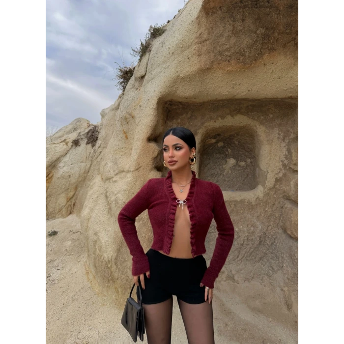 Bordo Broşlu Triko Hırka