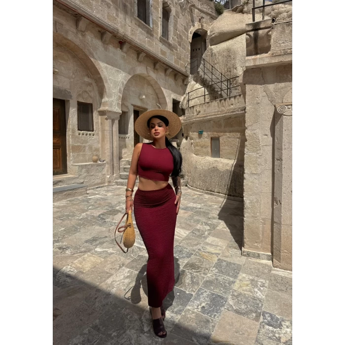 Bordo Bubble Etek Crop İkili Takım