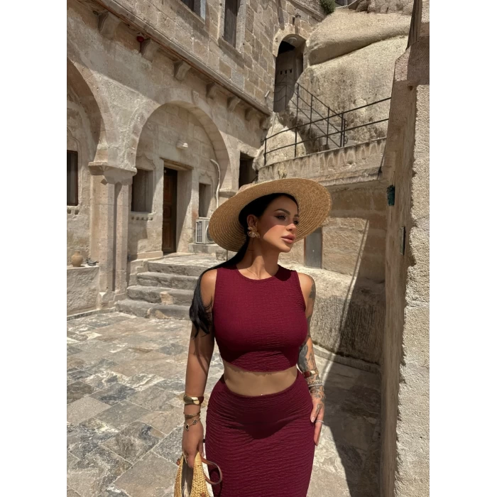 Bordo Bubble Etek Crop İkili Takım