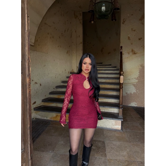 Bordo Damla Yaka Dantel Detay Elbise