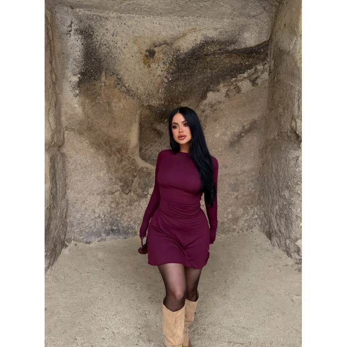 Bordo Dik Yaka Volanlı Elbise