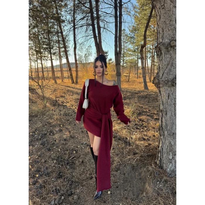 Bordo Domina Şal Detaylı Triko Elbise