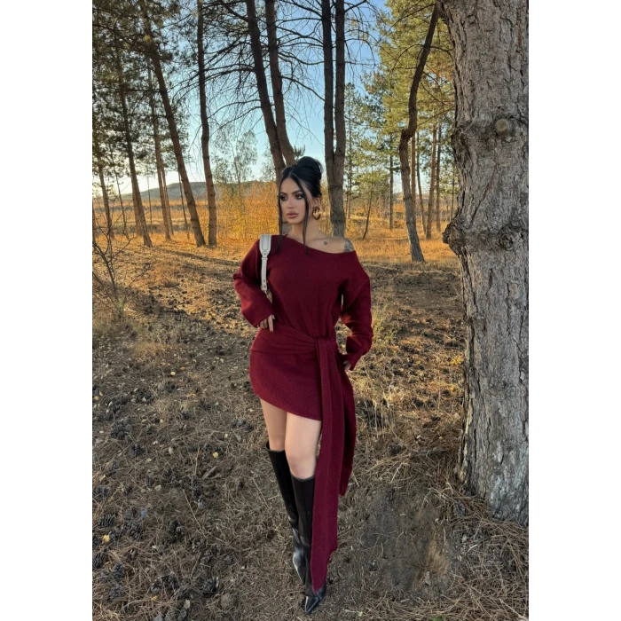 Bordo Domina Şal Detaylı Triko Elbise