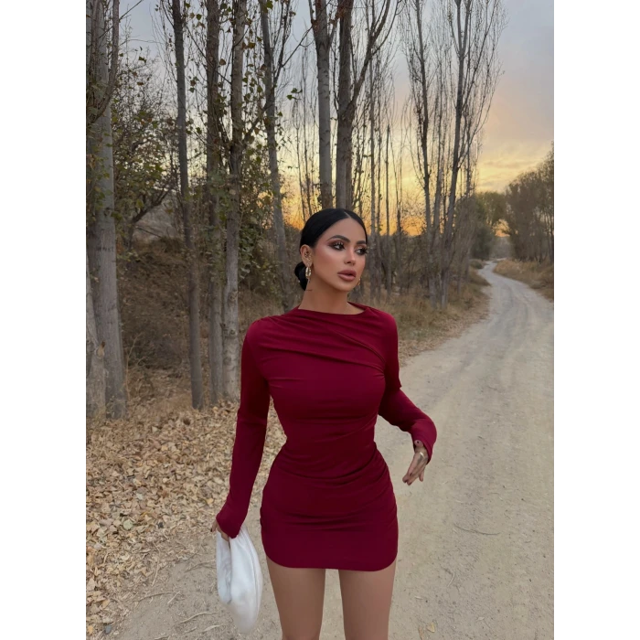 Bordo Elegant Büzgülü Elbise
