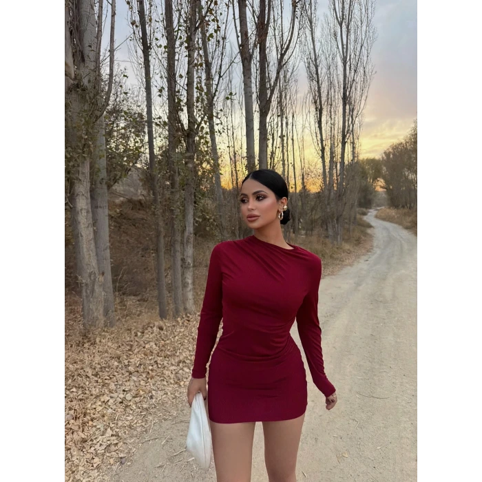 Bordo Elegant Büzgülü Elbise