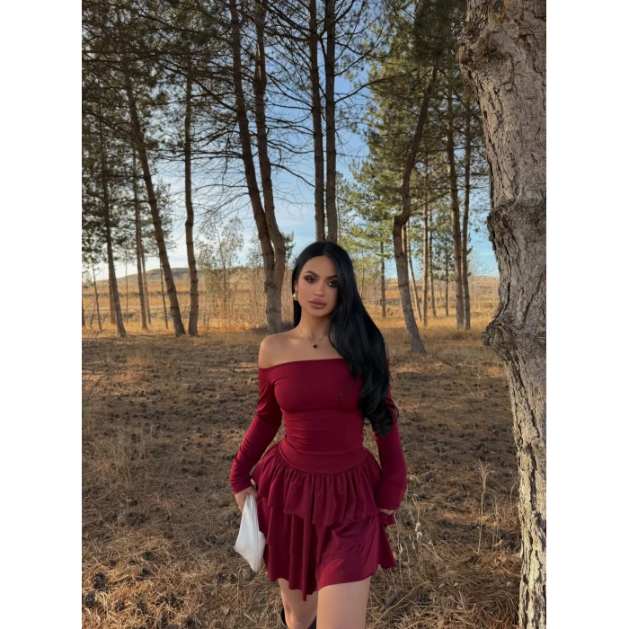 Bordo Eteği Fırfırlı Madonna Elbise