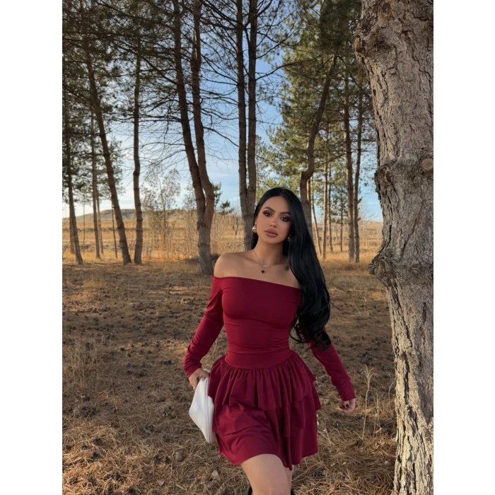 Bordo Eteği Fırfırlı Madonna Elbise