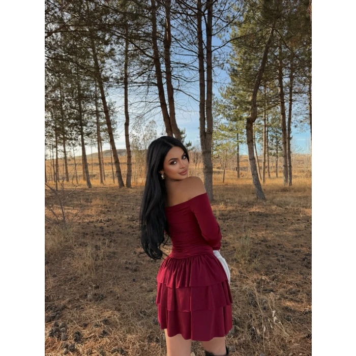 Bordo Eteği Fırfırlı Madonna Elbise