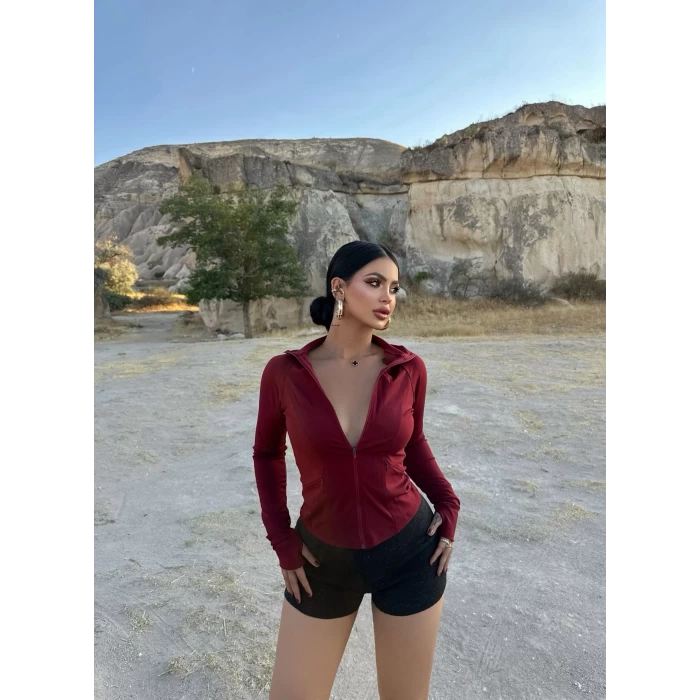 Bordo Fermuarlı Scuba Ceket