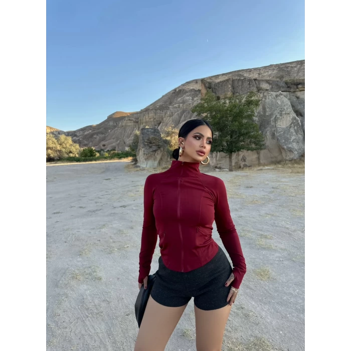 Bordo Fermuarlı Scuba Ceket