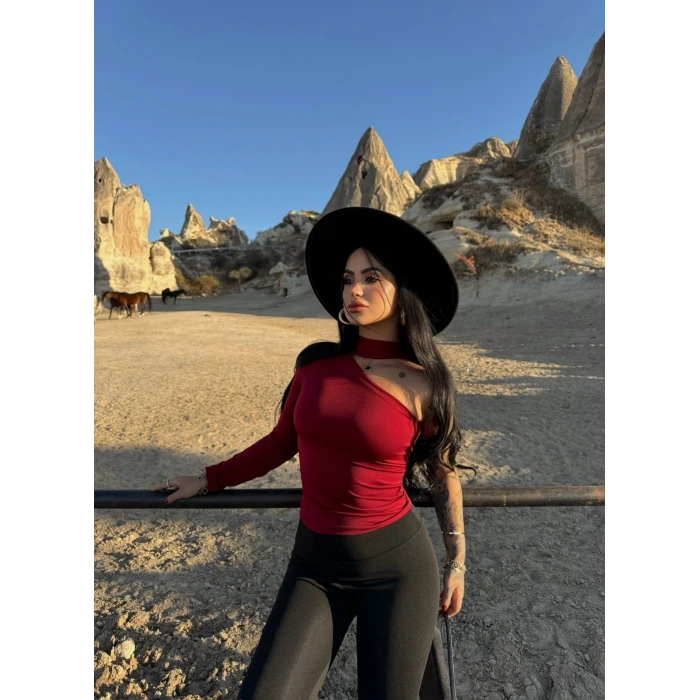 Bordo Fularlı İki Parça Crop