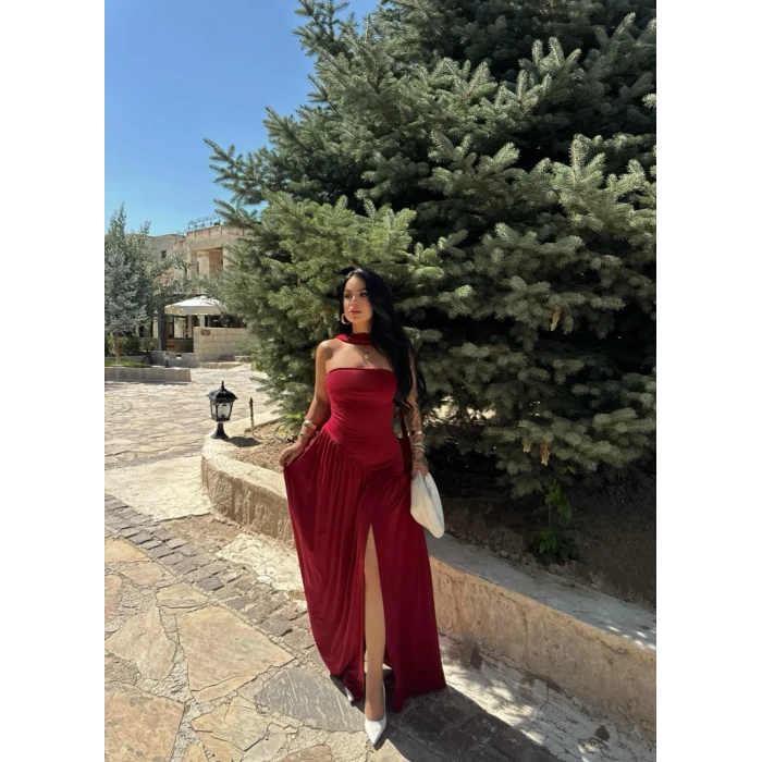 Bordo Fularlı Tek Yırtmaçlı Elbise