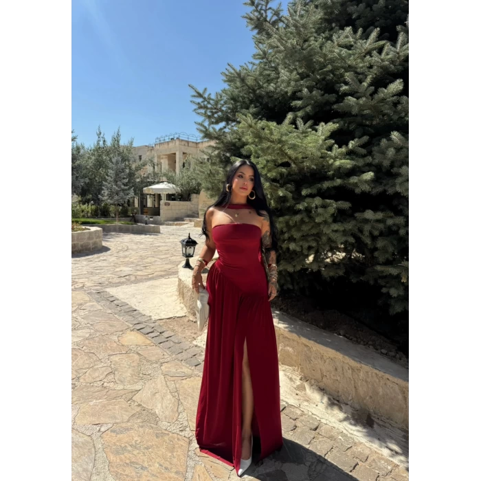 Bordo Fularlı Tek Yırtmaçlı Elbise