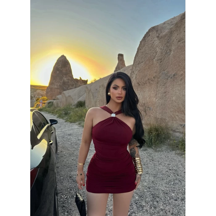 Bordo Göğüs Tokalı Sandy Elbise