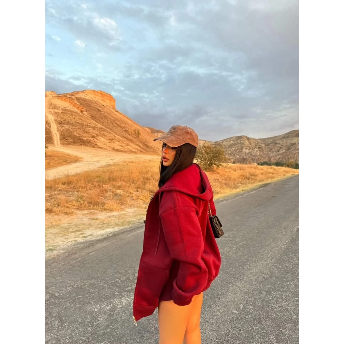 Bordo İçi Şardonlu Kapşonlu Hırka