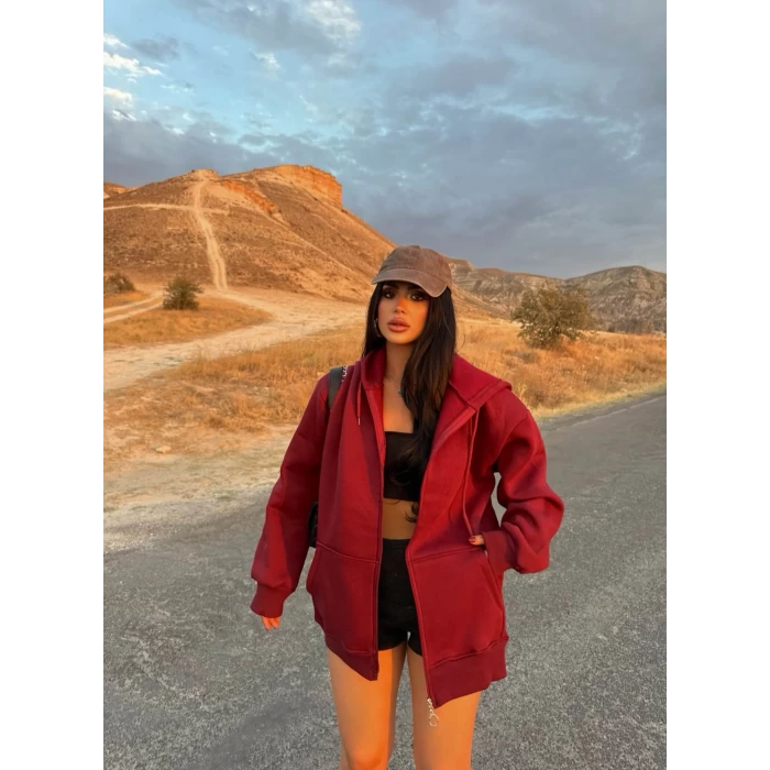 Bordo İçi Şardonlu Kapşonlu Hırka