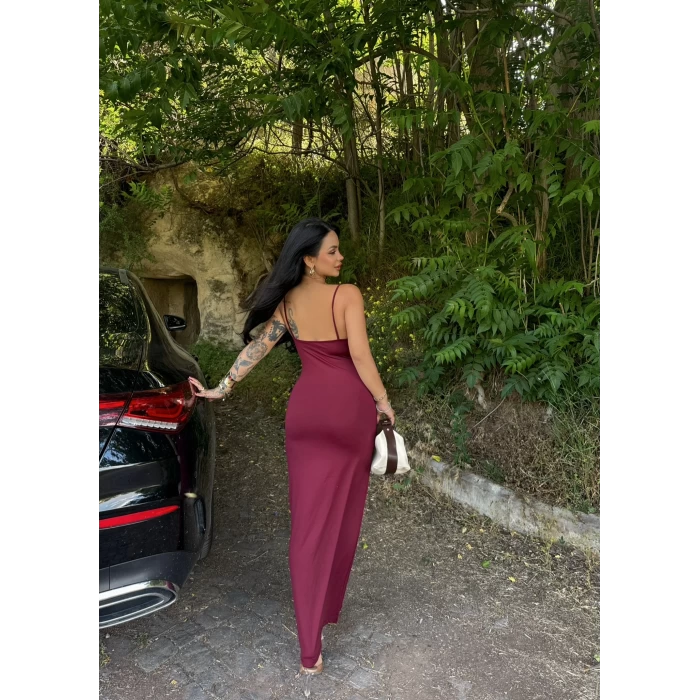 Bordo İp Askılı Basic Maxi Elbise