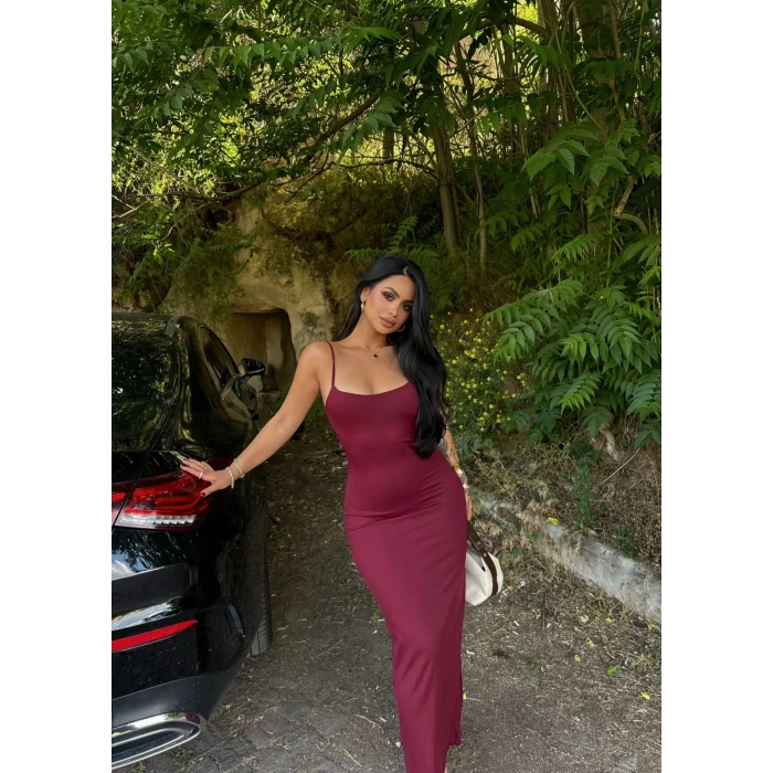 Bordo İp Askılı Basic Maxi Elbise