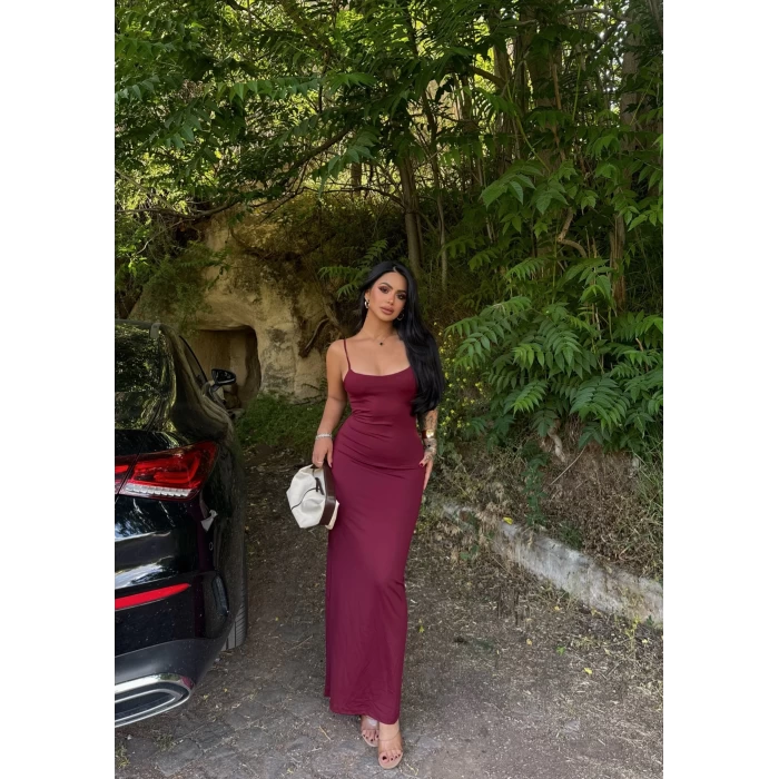 Bordo İp Askılı Basic Maxi Elbise