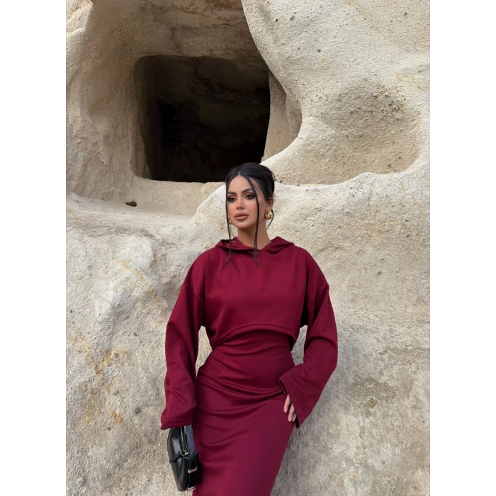 Bordo Kapşonlu Maxi İkili Set