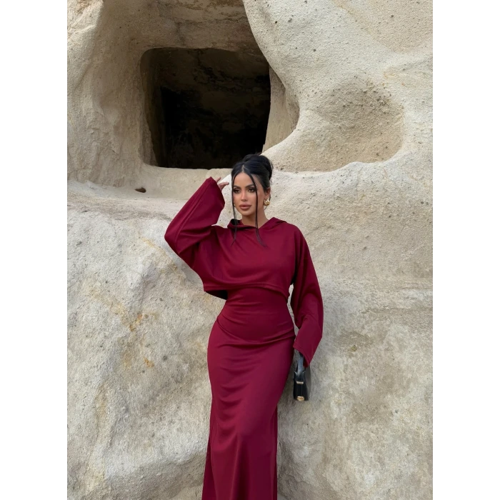 Bordo Kapşonlu Maxi İkili Set