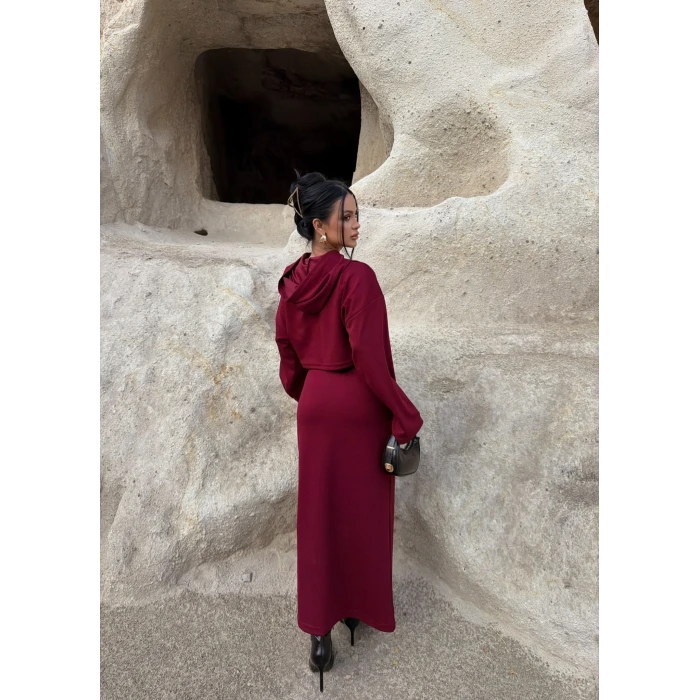 Bordo Kapşonlu Maxi İkili Set