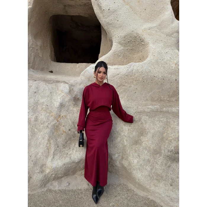 Bordo Kapşonlu Maxi İkili Set