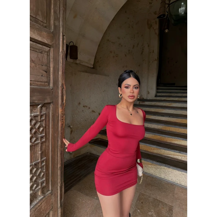 Bordo Kare Yaka Scuba Elbise